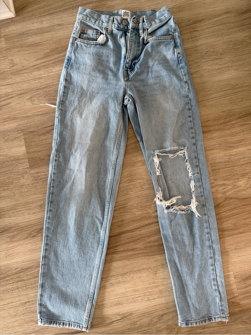 BDG Light Blue High-Rise Wide Leg Jeans with Knee Distress